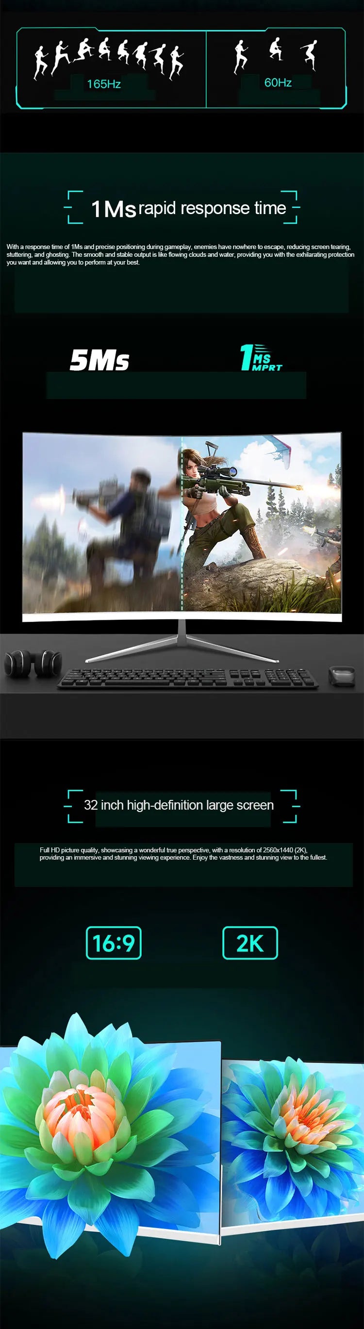 White 32 Inch 1500R 2K QHD 1440P 144hz 165Hz LCD 1ms Wall Mounted PC Desktop Computer Screen Gaming LED Curved Monitor - Kergle