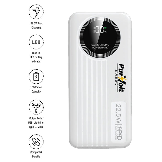 Pursonic 10,000mAh LED Fast Charging Power Bank – Built-in Cables, 22.5W Output, Type-C/USB/Lightning Compatibility-1