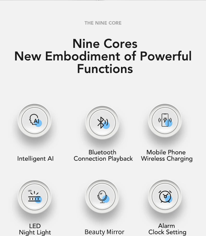 Smart Bluetooth Speaker Wireless Mirror Sound Box Desktop Alarm Clock with LED Night Light Music Player - Kergle