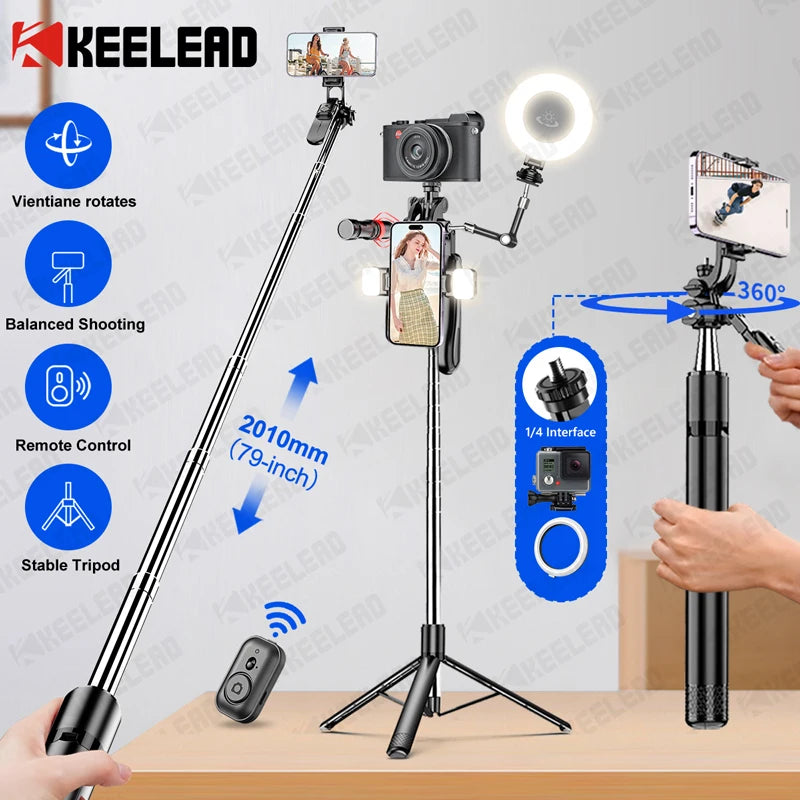 Tripod for Mobile Phone,2m Portable Selfie Stick with Wireless Remote Shutter,Stand for Camera Phone Photography - Kergle