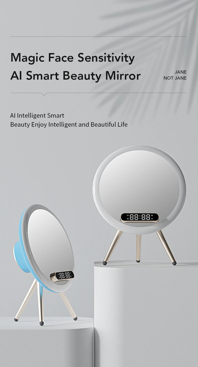 Smart Bluetooth Speaker Wireless Mirror Sound Box Desktop Alarm Clock with LED Night Light Music Player - Kergle