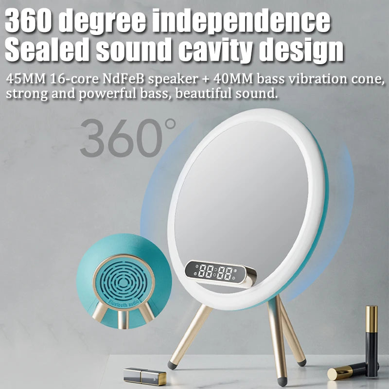 Smart Bluetooth Speaker Wireless Mirror Sound Box Desktop Alarm Clock with LED Night Light Music Player - Kergle