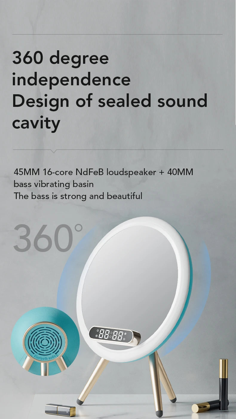 Smart Bluetooth Speaker Wireless Mirror Sound Box Desktop Alarm Clock with LED Night Light Music Player - Kergle