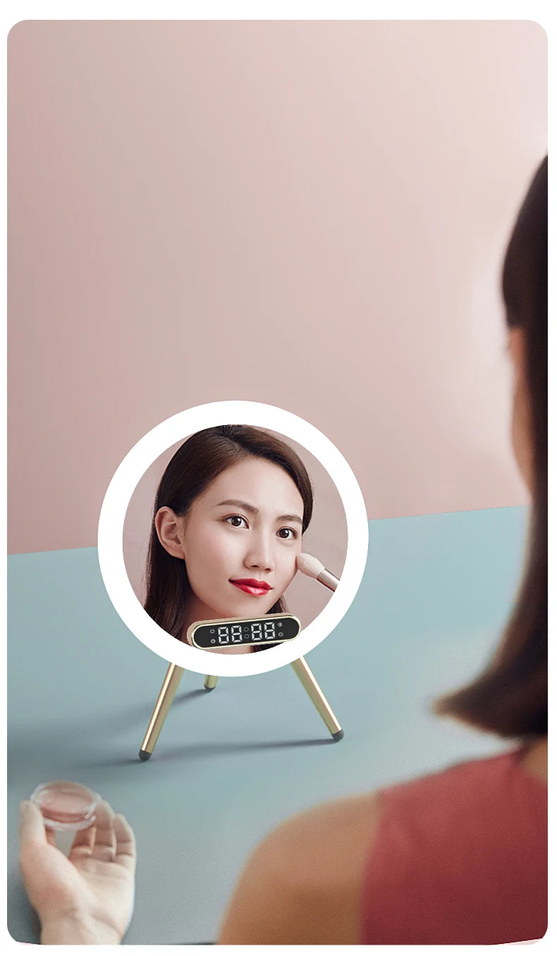 Smart Bluetooth Speaker Wireless Mirror Sound Box Desktop Alarm Clock with LED Night Light Music Player - Kergle