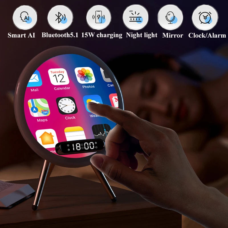Smart Bluetooth Speaker Wireless Mirror Sound Box Desktop Alarm Clock with LED Night Light Music Player - Kergle