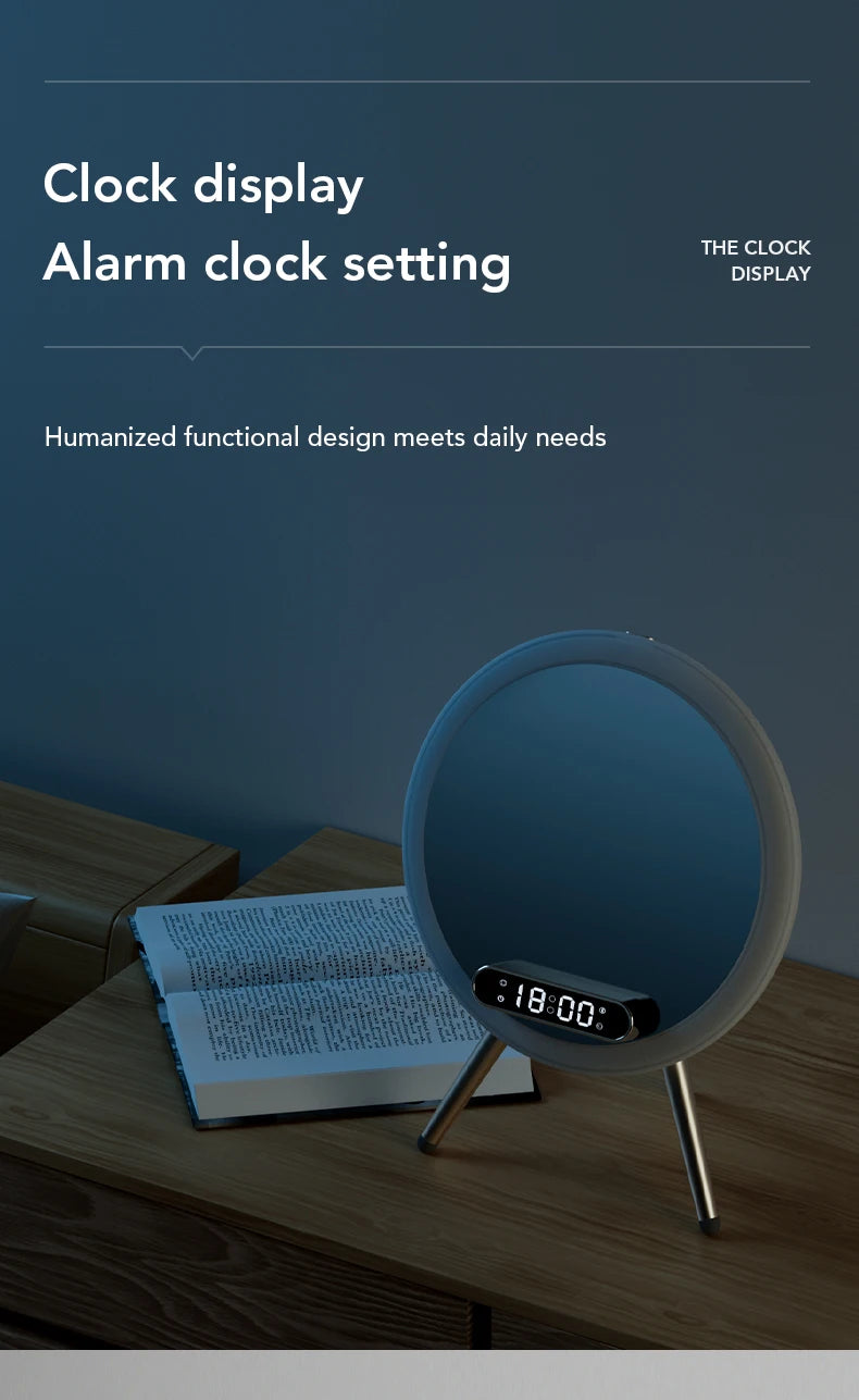Smart Bluetooth Speaker Wireless Mirror Sound Box Desktop Alarm Clock with LED Night Light TF Music Player 15W Wireless Charger
