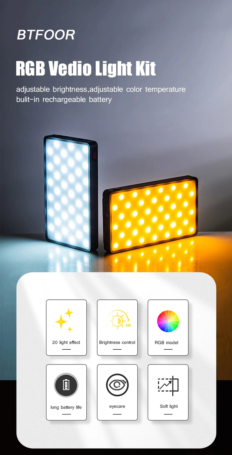 LED RGB Camera Light Full Color Output Video Light Kit Dimmable 2500K-9000K Bi-Color Panel Light CRI 95+ Rechargeable 3300mAh - Kergle